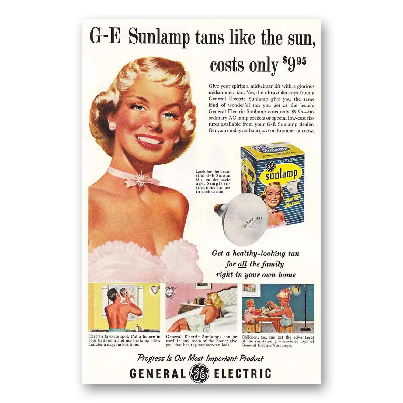 1957 General Electric Sunlamps Tans Like the Sun Vintage Magazine Print Ad