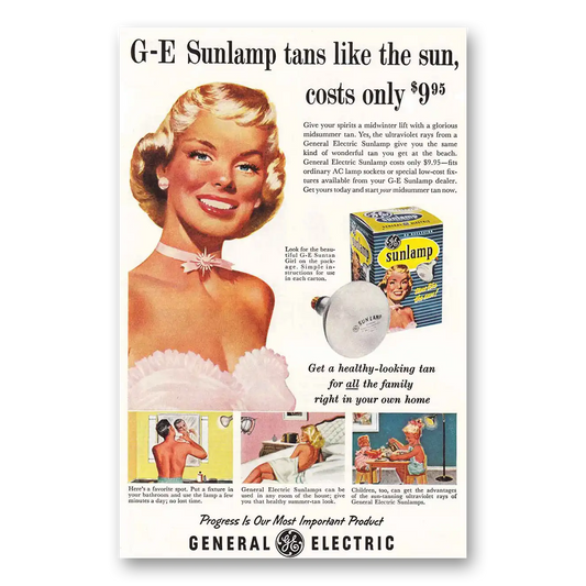 1957 General Electric Sunlamps Tans Like the Sun Vintage Magazine Print Ad