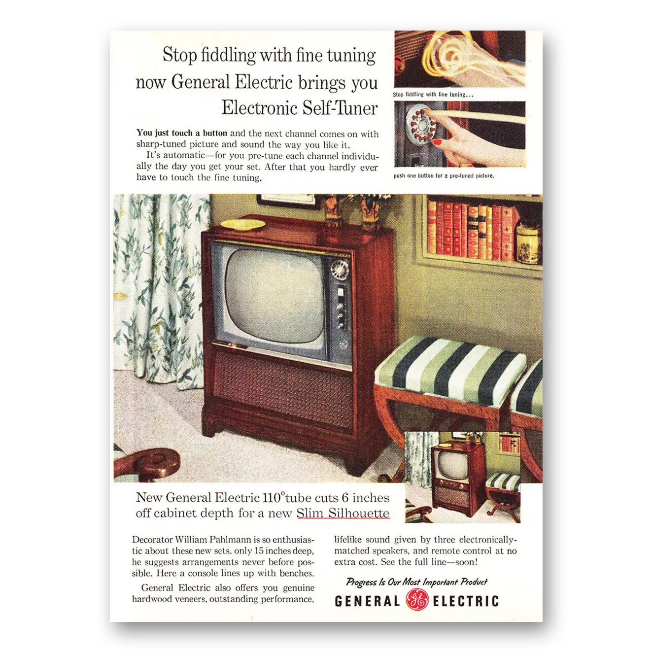 1957 General Electric Television Stop Fiddling with Fine Tuning Vintage Magazine Print Ad