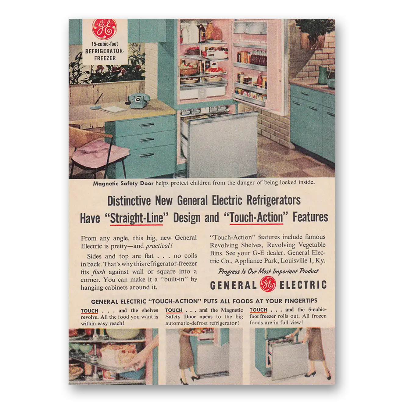 1957 General Electric Refrigerator Have Straight Line Design Vintage Magazine Print Ad