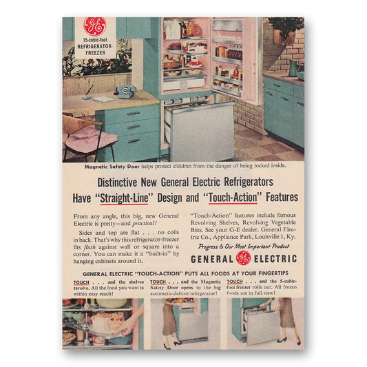 1957 General Electric Refrigerator Have Straight Line Design Vintage Magazine Print Ad