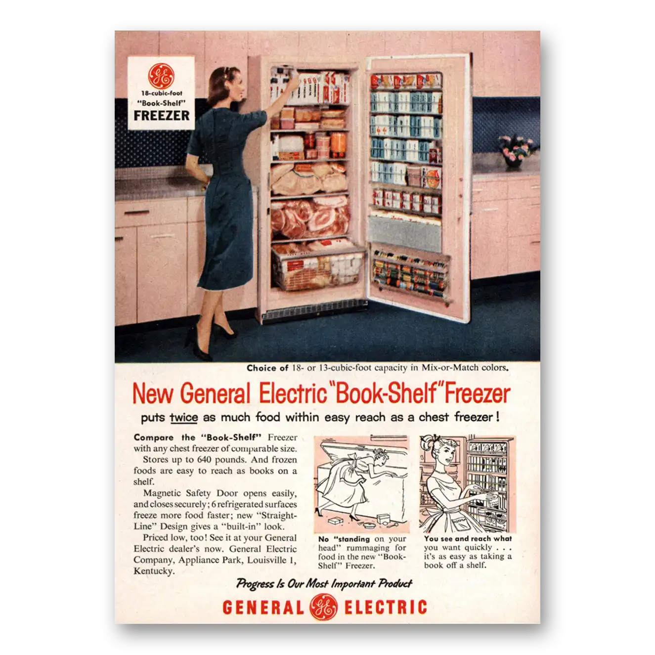 1957 General Electric Freezer Book Shelf Freezer Vintage Magazine Print Ad