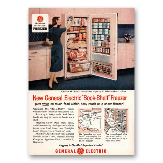 1957 General Electric Freezer Book Shelf Freezer Vintage Magazine Print Ad