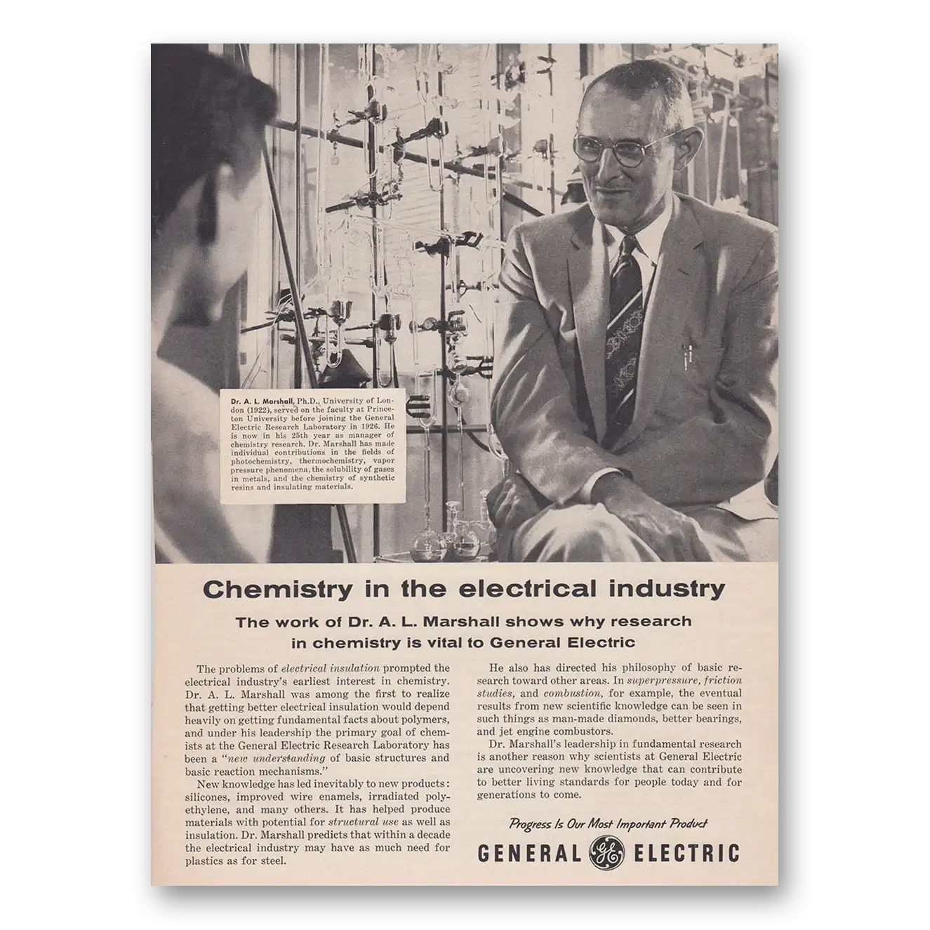 1957 General Electric Chemistry in the Electrical Industry Vintage Magazine Print Ad