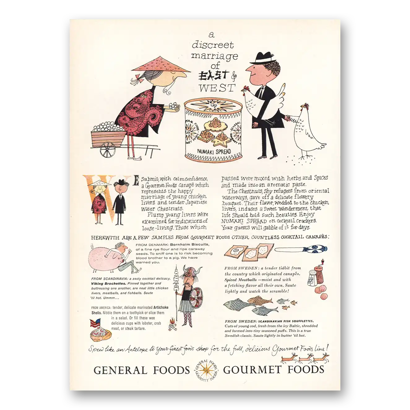 1957 General Foods Discreet Marriage East and West Vintage Magazine Print Ad