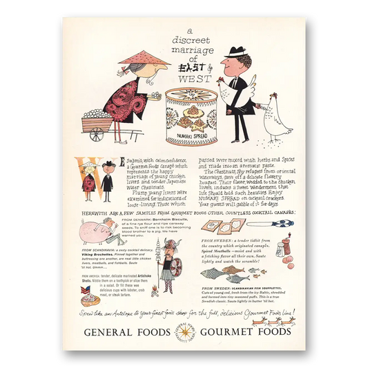 1957 General Foods Discreet Marriage East and West Vintage Magazine Print Ad