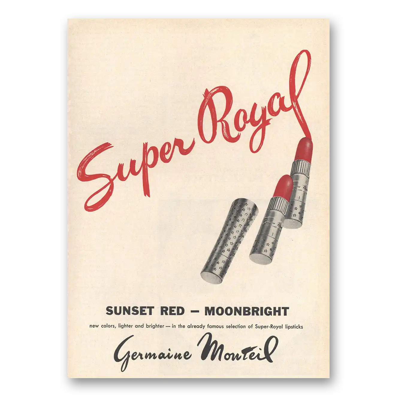 1959 Germaine Monteil Lipstick Super Royal Sunset Red Moonbright Vintage Magazine Print Ad