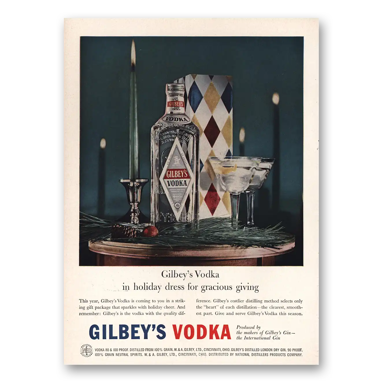 1957 Gilbeys Vodka Holiday Dress Gracious Giving Vintage Magazine Print Ad