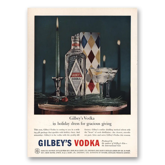 1957 Gilbeys Vodka Holiday Dress Gracious Giving Vintage Magazine Print Ad