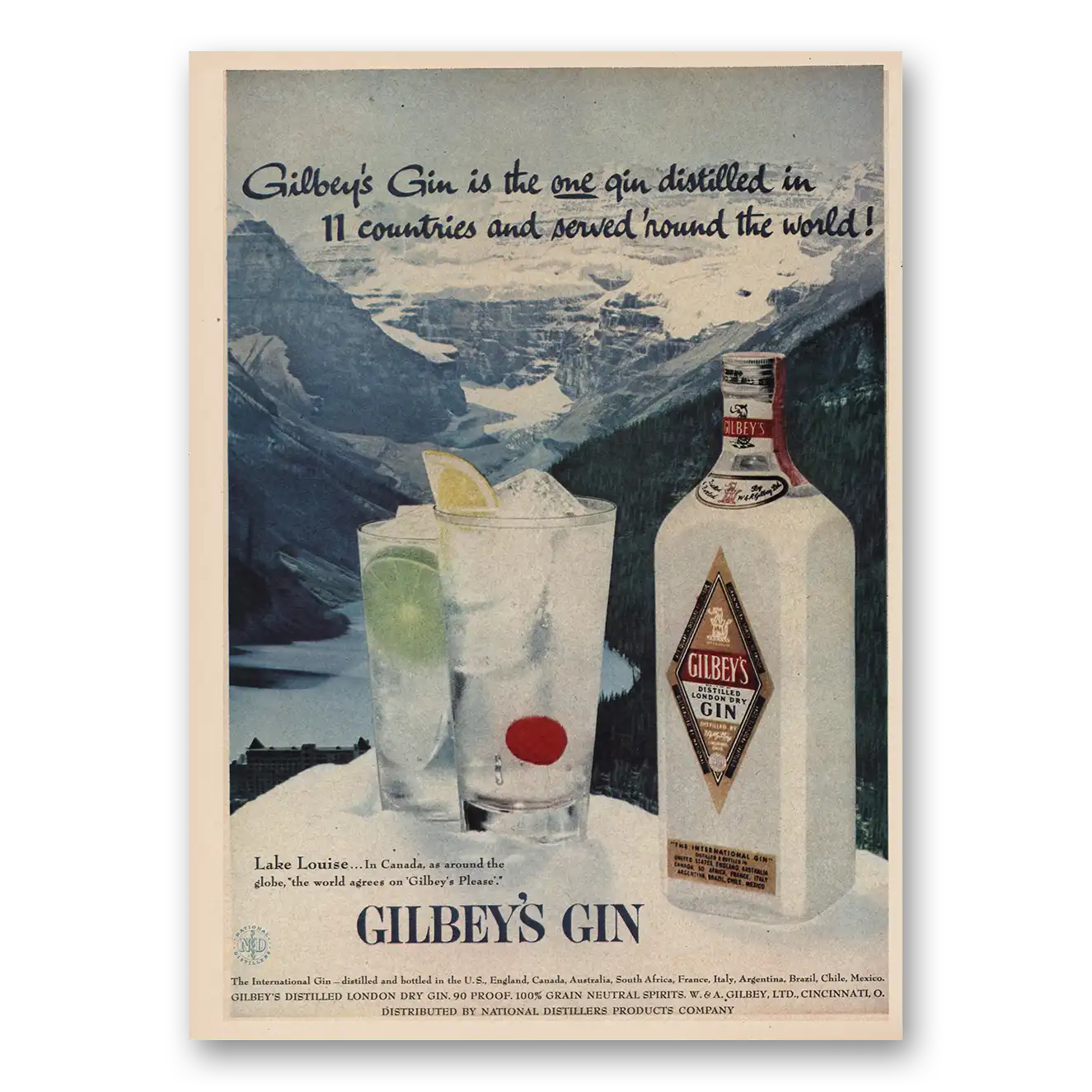 1957 Gilbeys Gin 11 Countries Vintage Magazine Print Ad