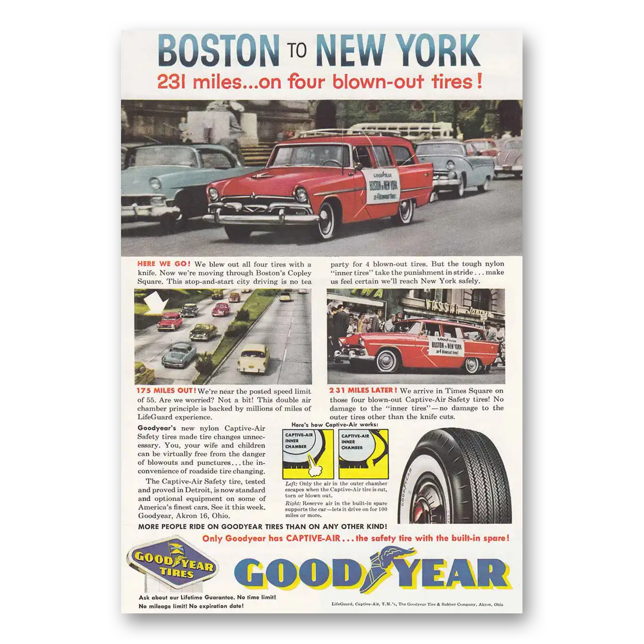 1957 Goodyear Tires Boston to New York 231 Miles Vintage Magazine Print Ad