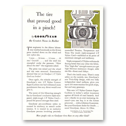 1957 Goodyear Tires Tire That Proved Good in a Pinch Vintage Magazine Print Ad