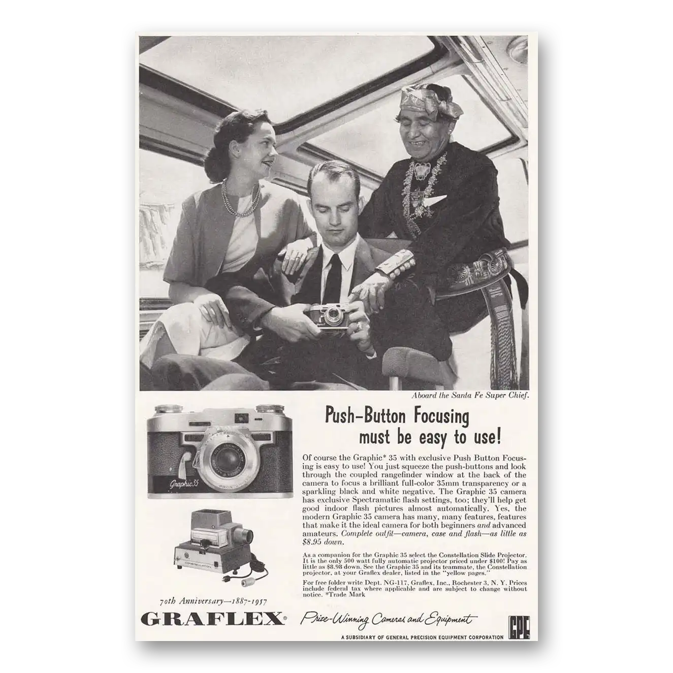 1957 Graflex Cameras Push Button 70th Anniversary Vintage Magazine Print Ad