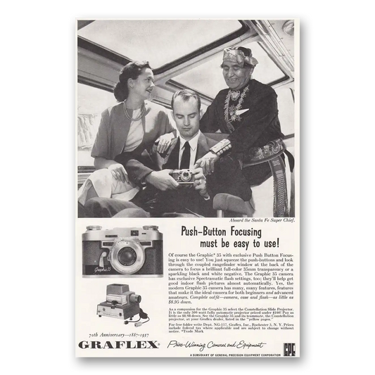 1957 Graflex Cameras Push Button 70th Anniversary Vintage Magazine Print Ad