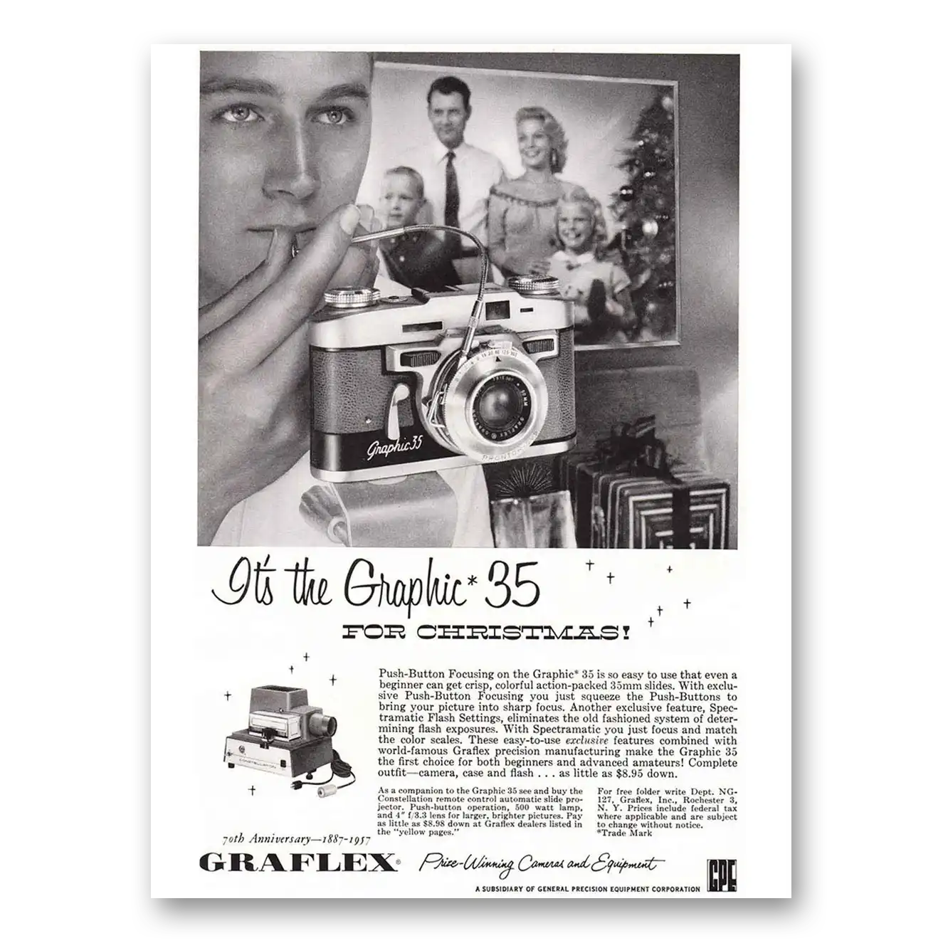 1957 Graflex Graphic 35 Camera Christmas Vintage Magazine Print Ad