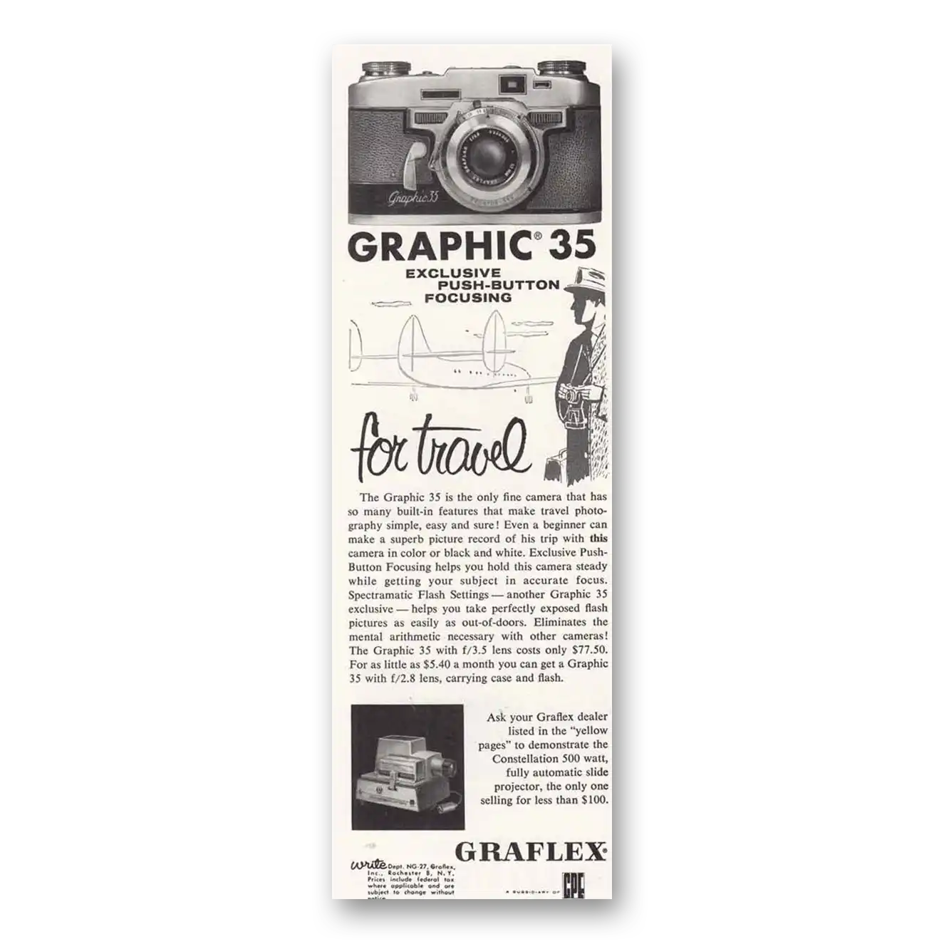 1957 Graflex Graphic 35 Camera Push Button Focusing Vintage Magazine Print Ad