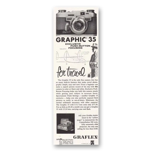 1957 Graflex Graphic 35 Camera Push Button Focusing Vintage Magazine Print Ad