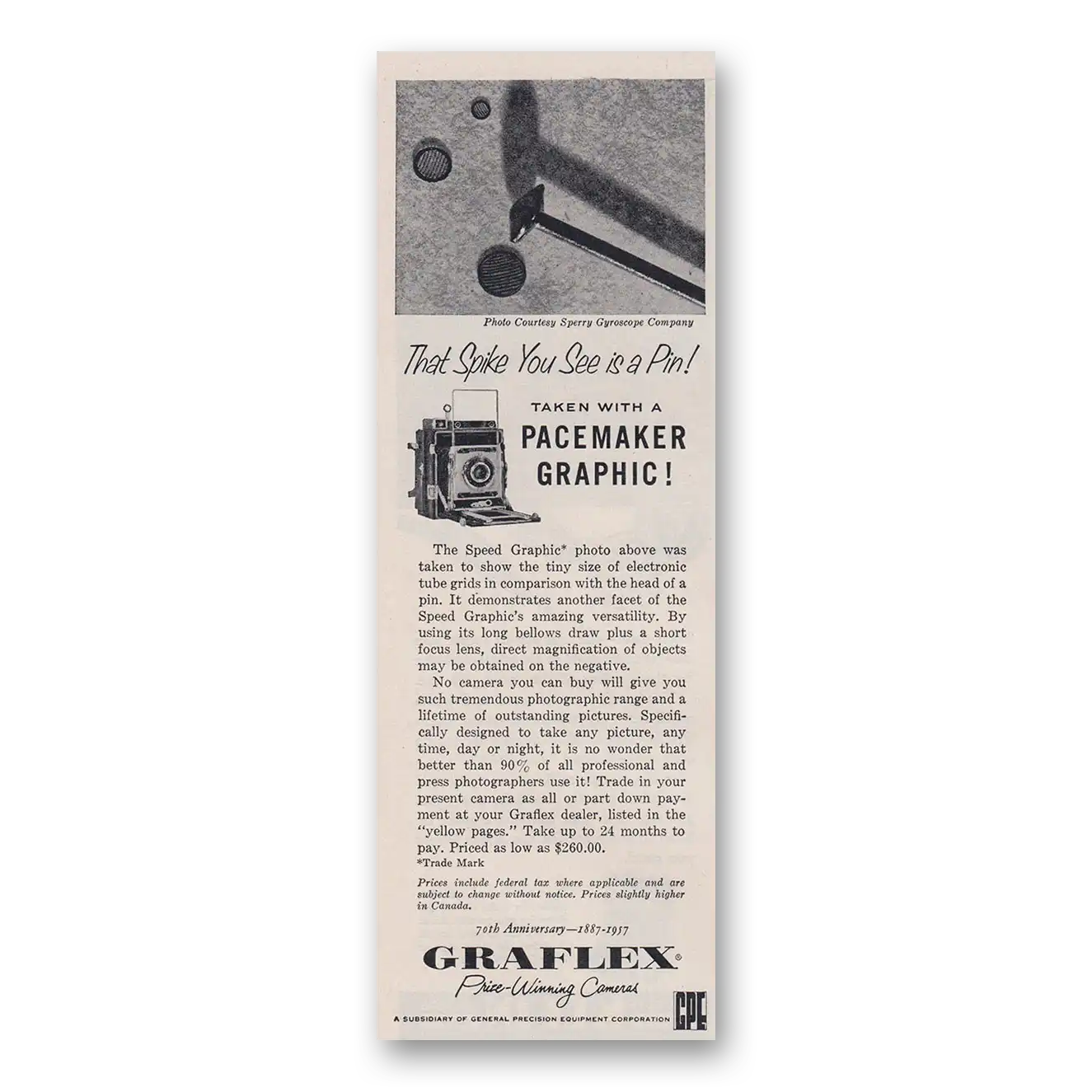 1957 Graflex Cameras That Spike You See Is a Pin Vintage Magazine Print Ad