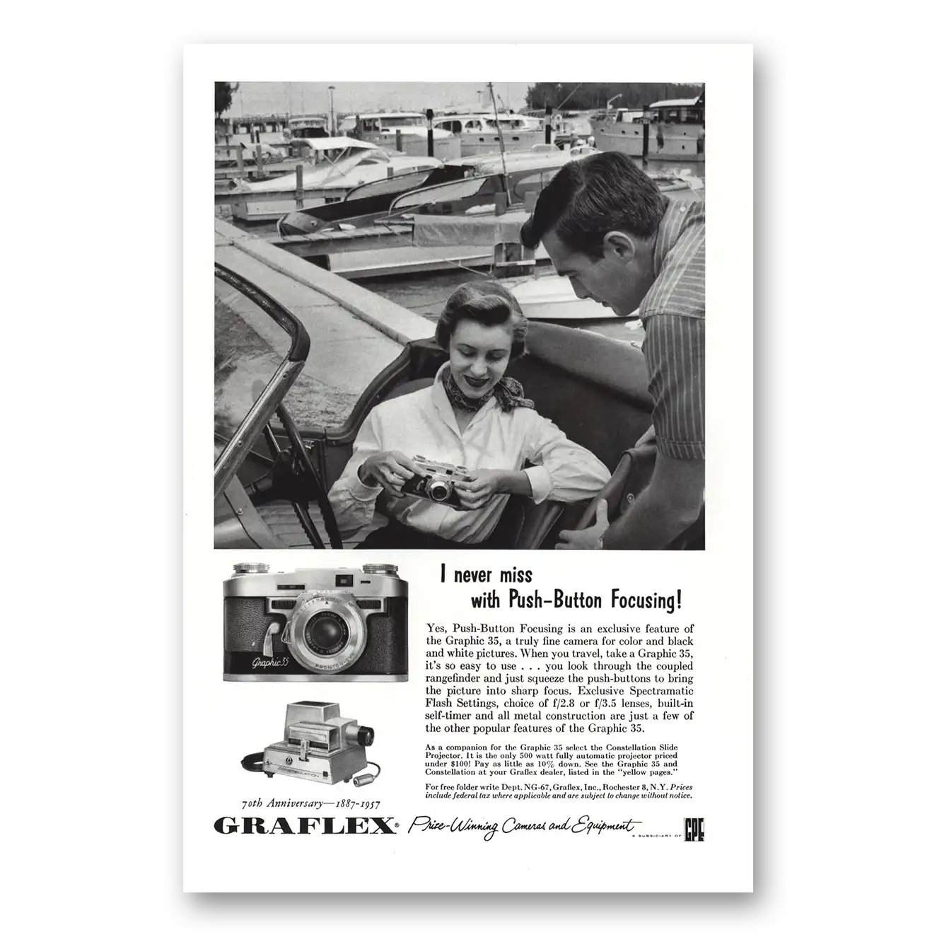 1957 Graflex Cameras I Never Miss with Push Button Focusing Vintage Magazine Print Ad