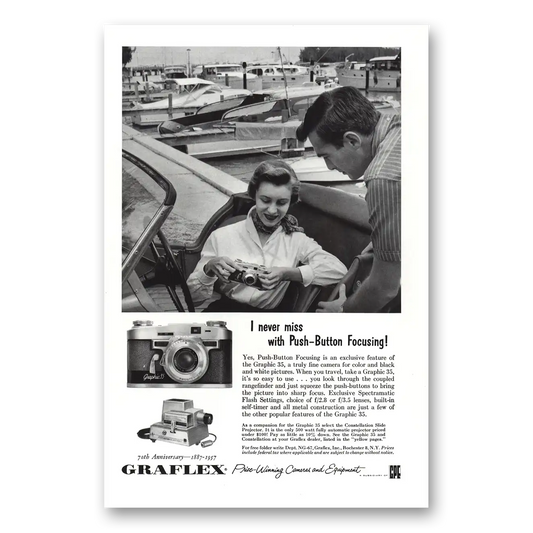 1957 Graflex Cameras I Never Miss with Push Button Focusing Vintage Magazine Print Ad