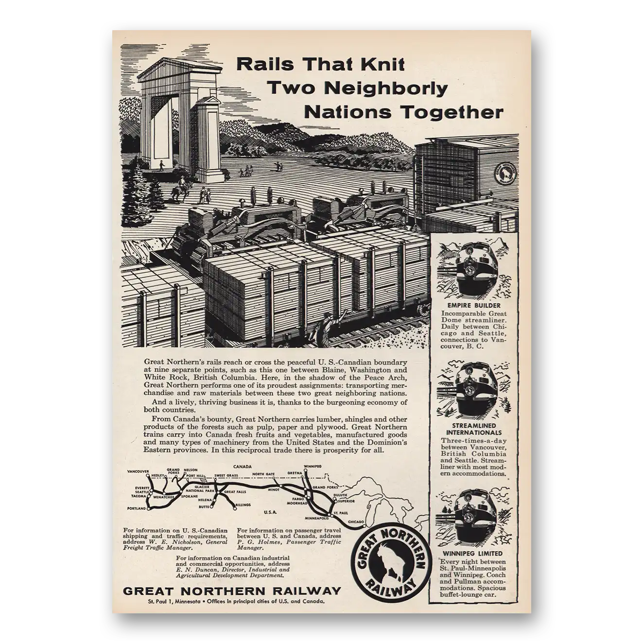 1957 Great Northern Railway Rails That Knit Two Neighborly Nations Vintage Magazine Print Ad