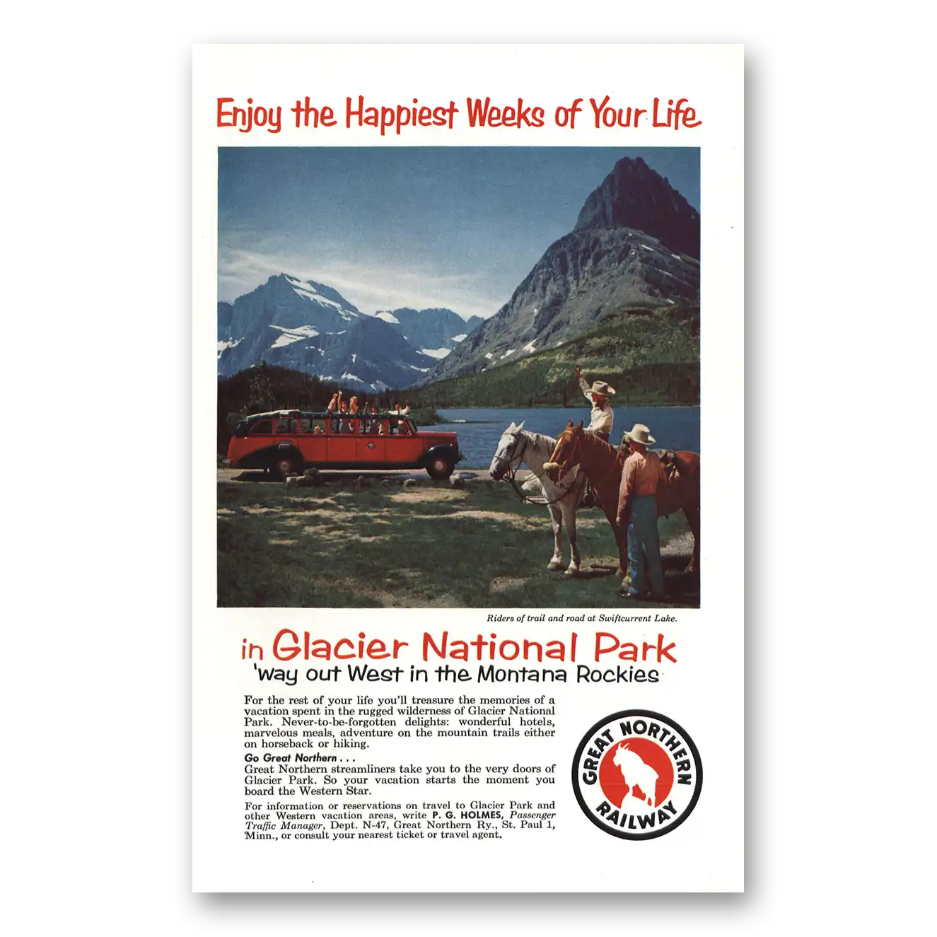 1957 Great Northern Railway Swiftcurrent Lake Vintage Magazine Print Ad