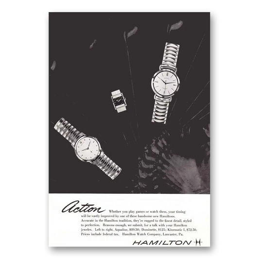 1957 Hamilton Watch Action Whether You Play Games or Watch Vintage Magazine Print Ad