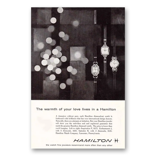 1957 Hamilton Watch Warmth of Your Love Lives Vintage Magazine Print Ad