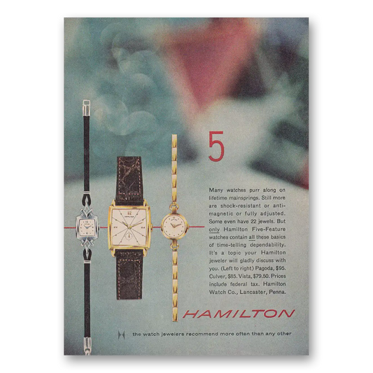 1957 Hamilton Watch Many Watches Purr Along Vintage Magazine Print Ad