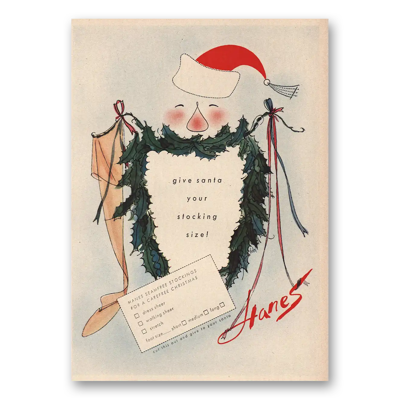 1957 Hanes Hosiery Give Santa Your Stocking Size Vintage Magazine Print Ad