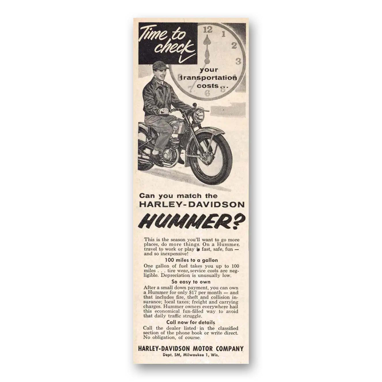 1957 Harley Davidson Hummer Time to Check Vintage Magazine Print Ad