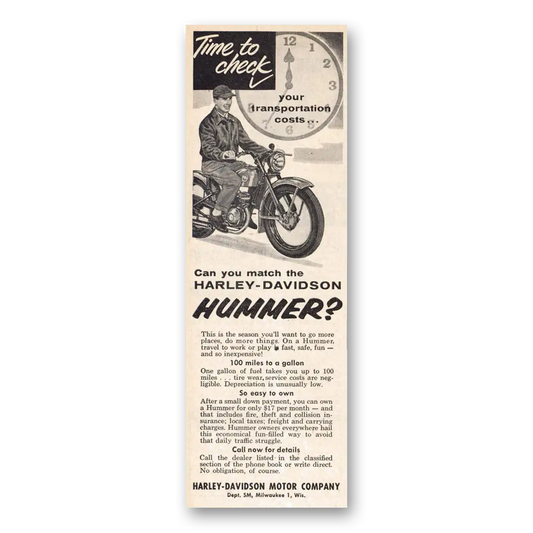 1957 Harley Davidson Hummer Time to Check Vintage Magazine Print Ad