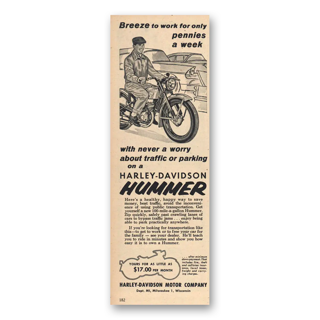 1957 Harley Davidson Hummer Breeze to Work Vintage Magazine Print Ad