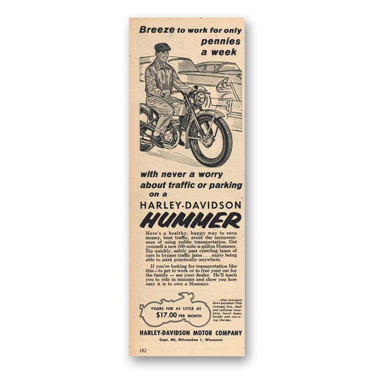 1957 Harley Davidson Hummer Breeze to Work Vintage Magazine Print Ad