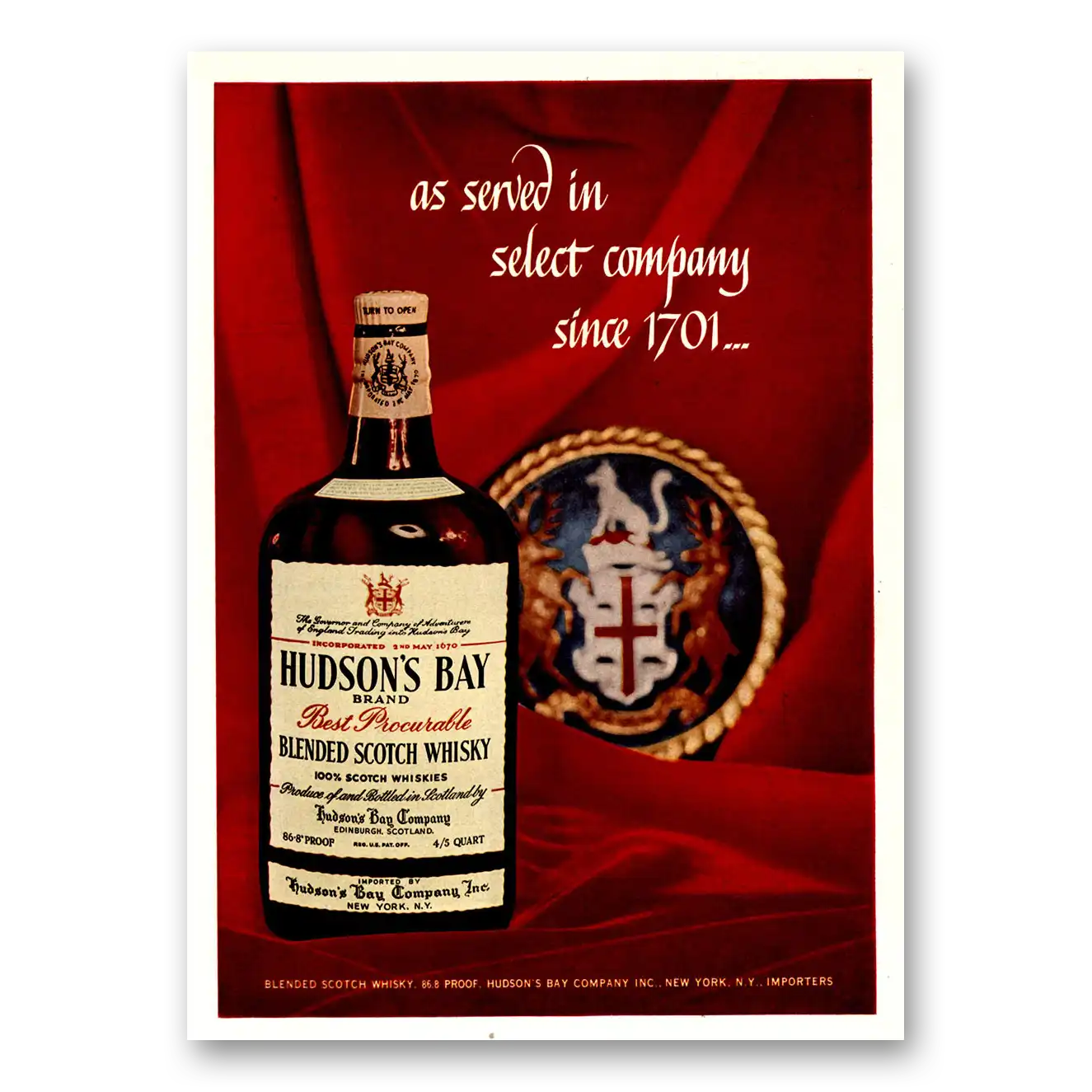 1957 Hudsons Bay Whisky Whisky As Served In Select Company Vintage Magazine Print Ad