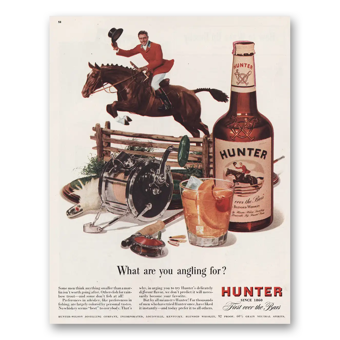 1957 Hunter Whiskey What Are You Angling For Vintage Magazine Print Ad