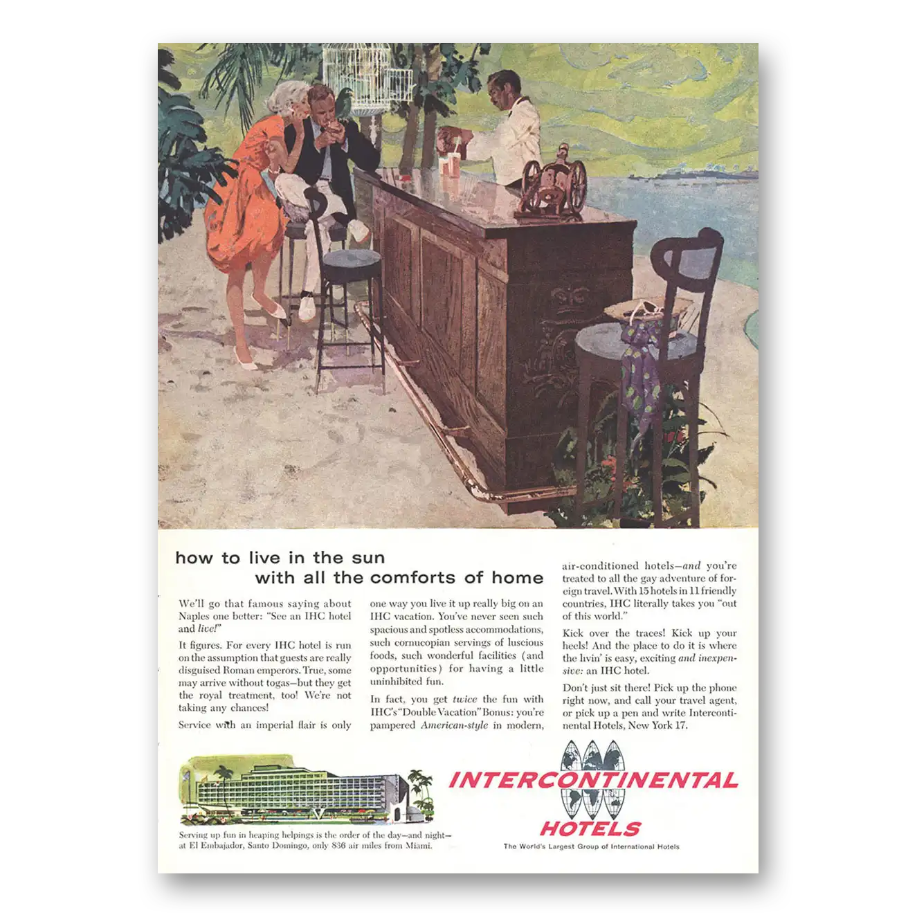 1959 InterContinental Hotels Live In the Sun With All the Comforts of Home Vintage Magazine Print Ad