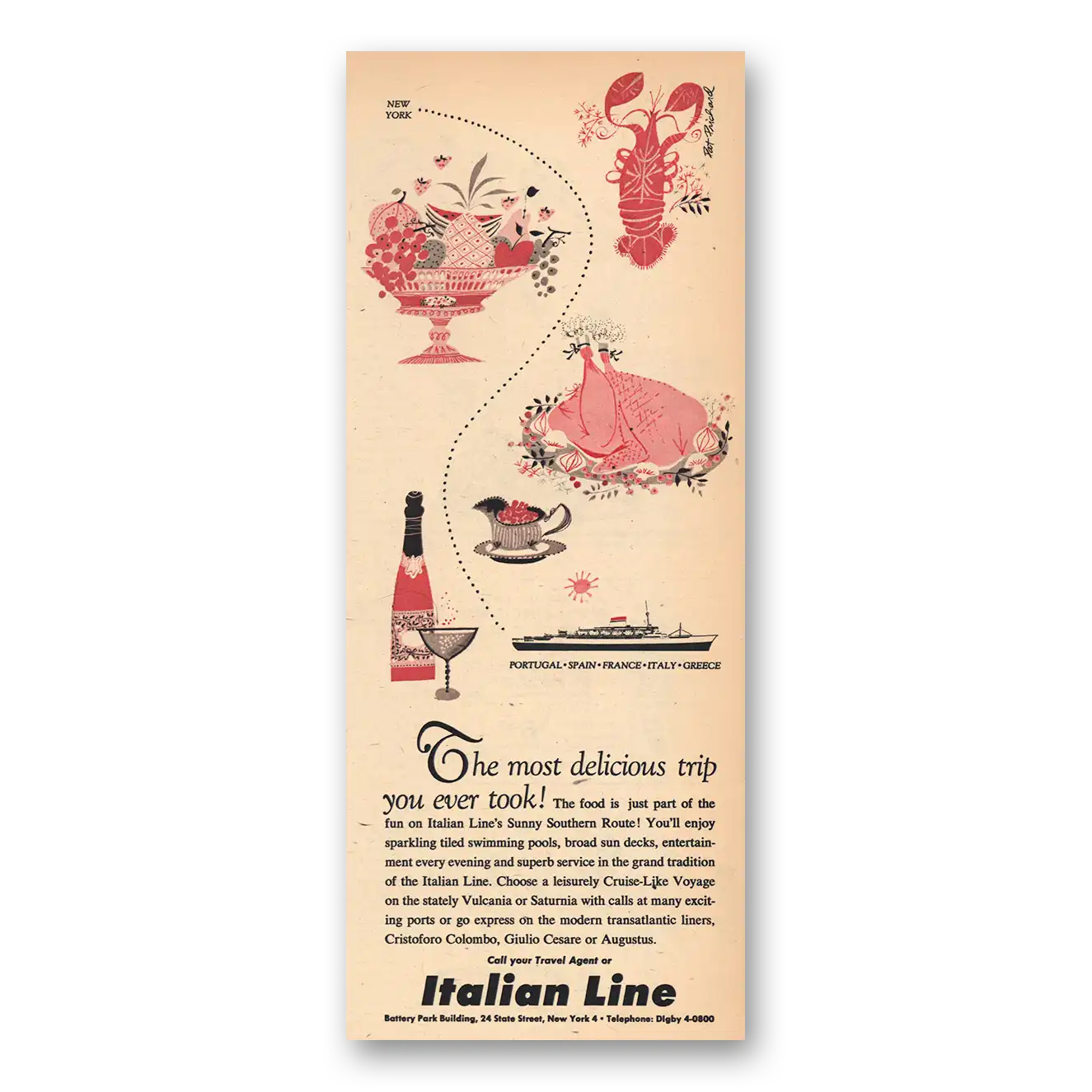 1957 Italian Line Most Delicious Trip Vintage Magazine Print Ad