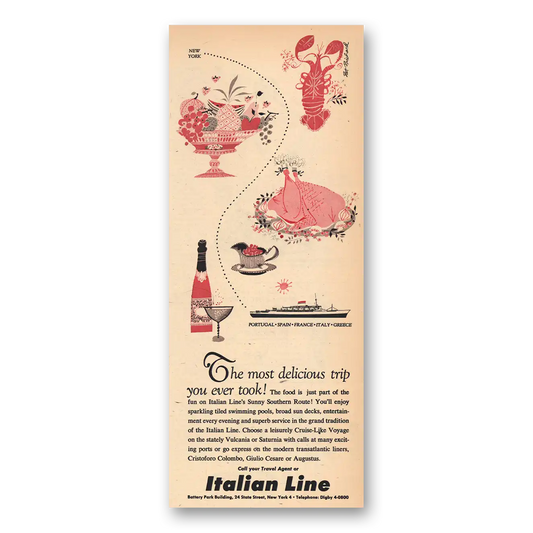 1957 Italian Line Most Delicious Trip Vintage Magazine Print Ad