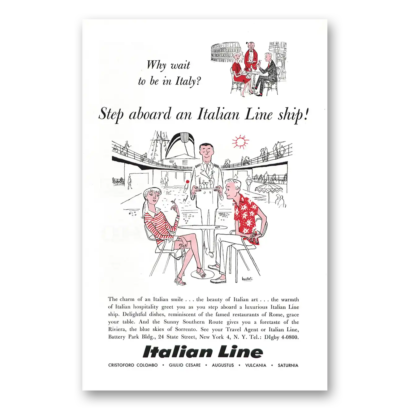 1957 Italian Line Step Aboard an Italian Line Ship Vintage Magazine Print Ad