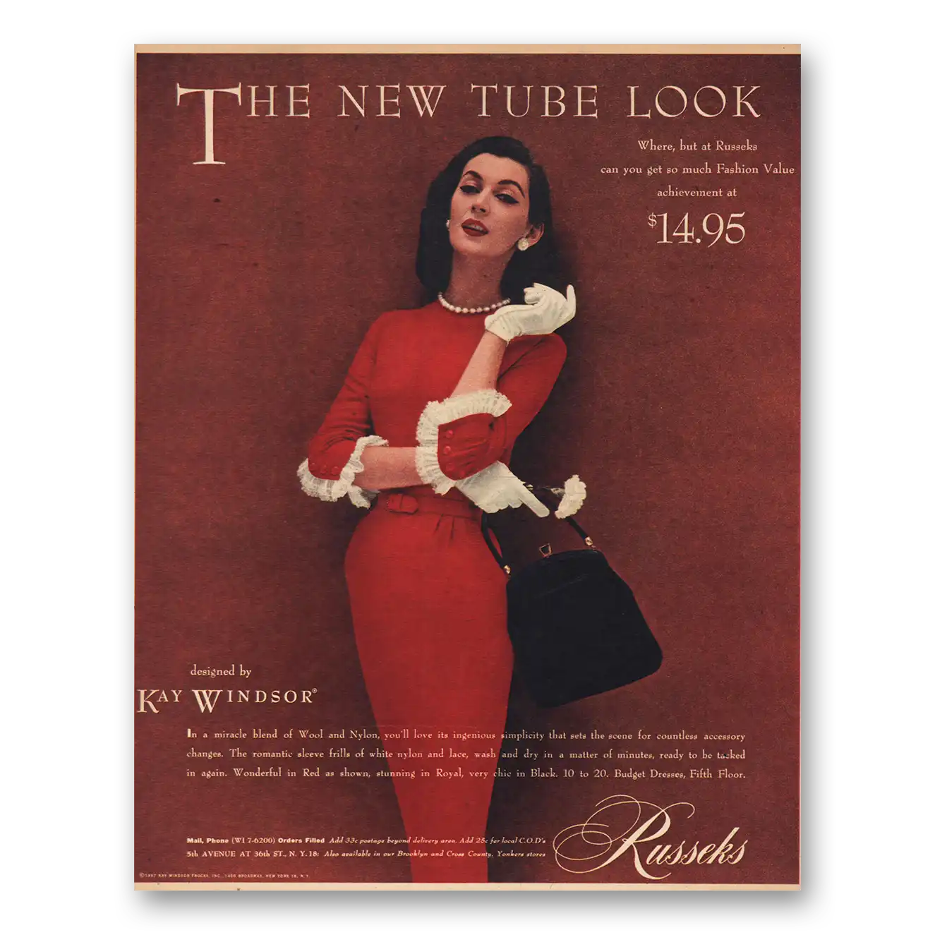 1957 Kay Windsor New Tube Look Russeks Vintage Magazine Print Ad