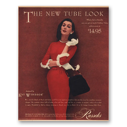 1957 Kay Windsor New Tube Look Russeks Vintage Magazine Print Ad