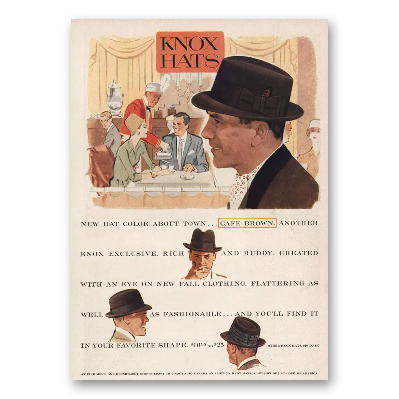 1957 Knox Hats New Hat Color About Town Cafe Brown Vintage Magazine Print Ad