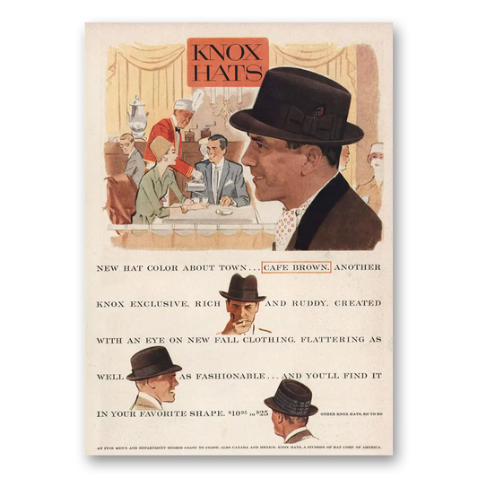 1957 Knox Hats New Hat Color About Town Cafe Brown Vintage Magazine Print Ad