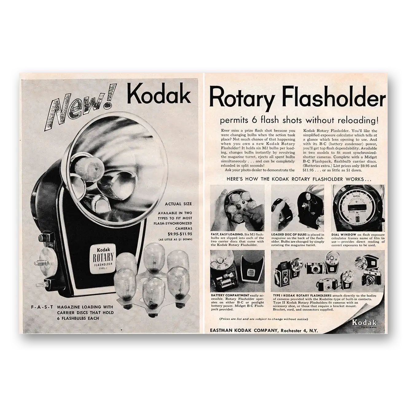 1957 Kodak Rotary Flasholder Permits 6 Flash Shots Without Reloading Vintage Magazine Print Ad