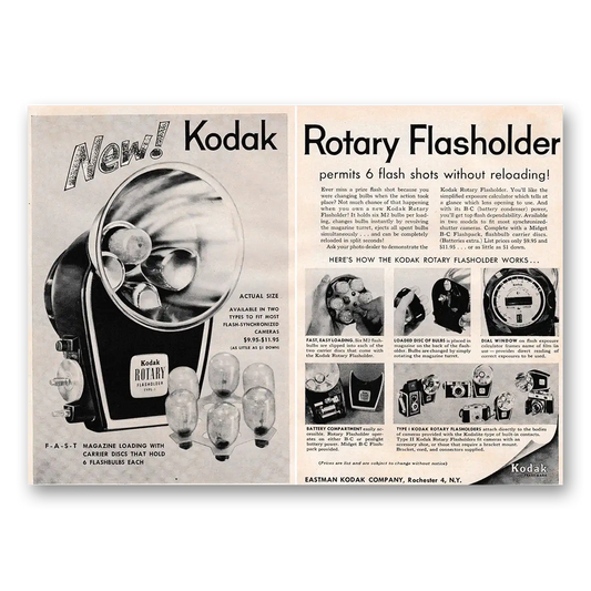 1957 Kodak Rotary Flasholder Permits 6 Flash Shots Without Reloading Vintage Magazine Print Ad