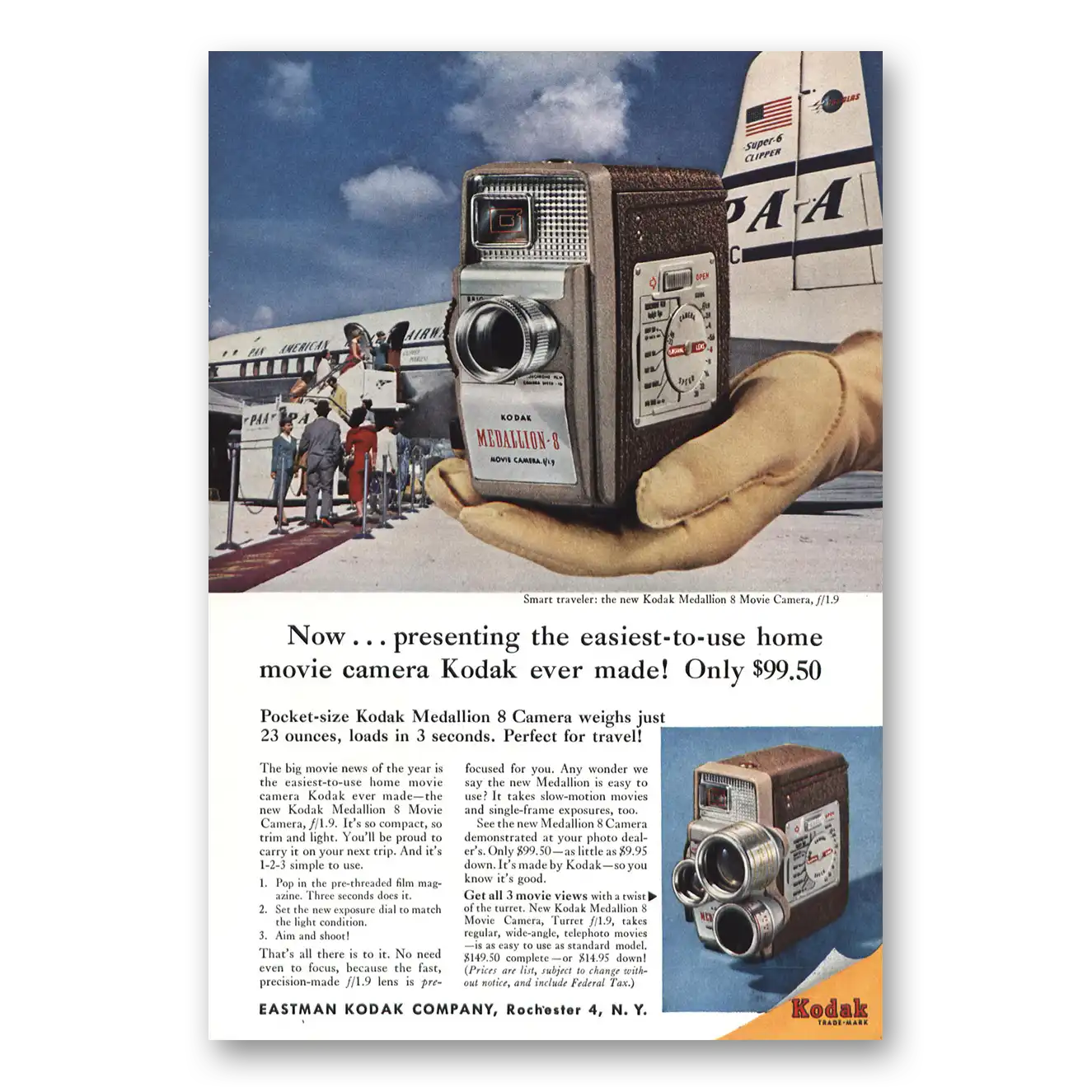 1957 Kodak Movie Camera Airways Super 6 Clipper Vintage Magazine Print Ad