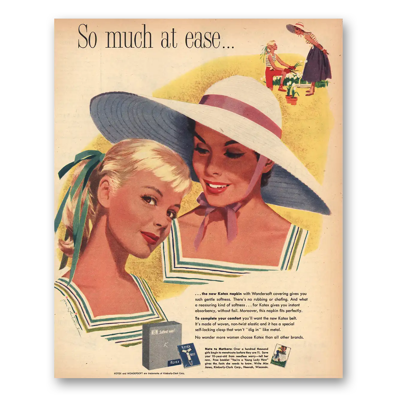 1957 Kotex So Much At Ease Vintage Magazine Print Ad