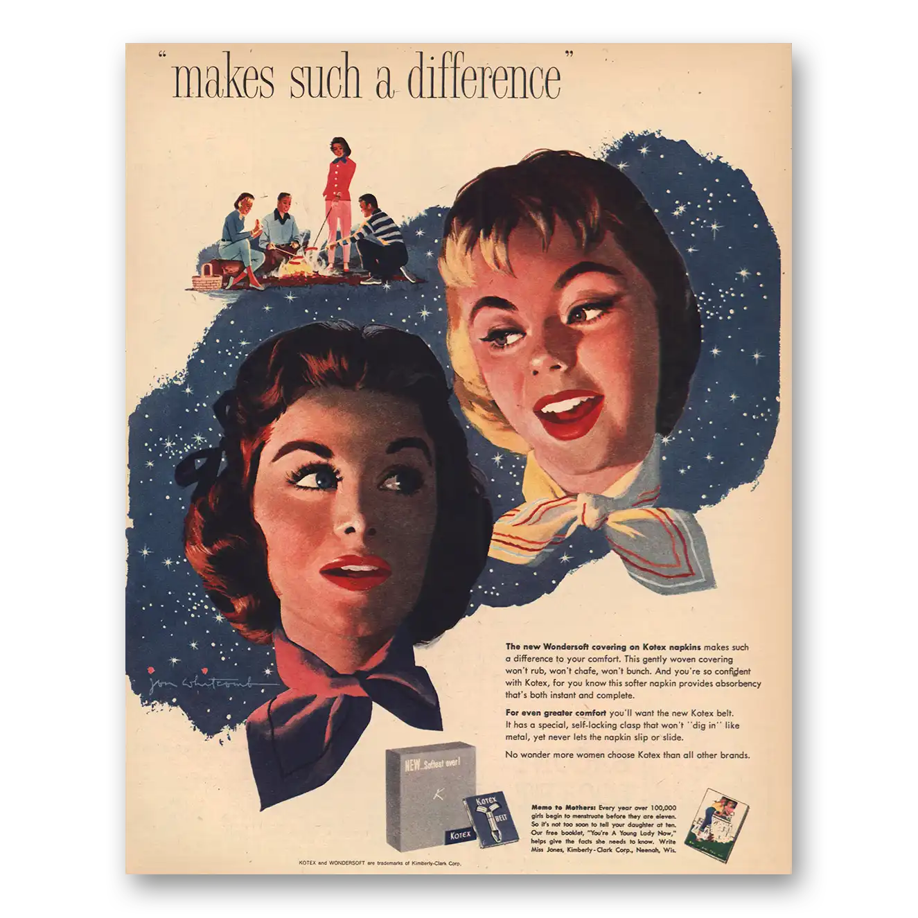 1957 Kotex Makes Such Difference Vintage Magazine Print Ad