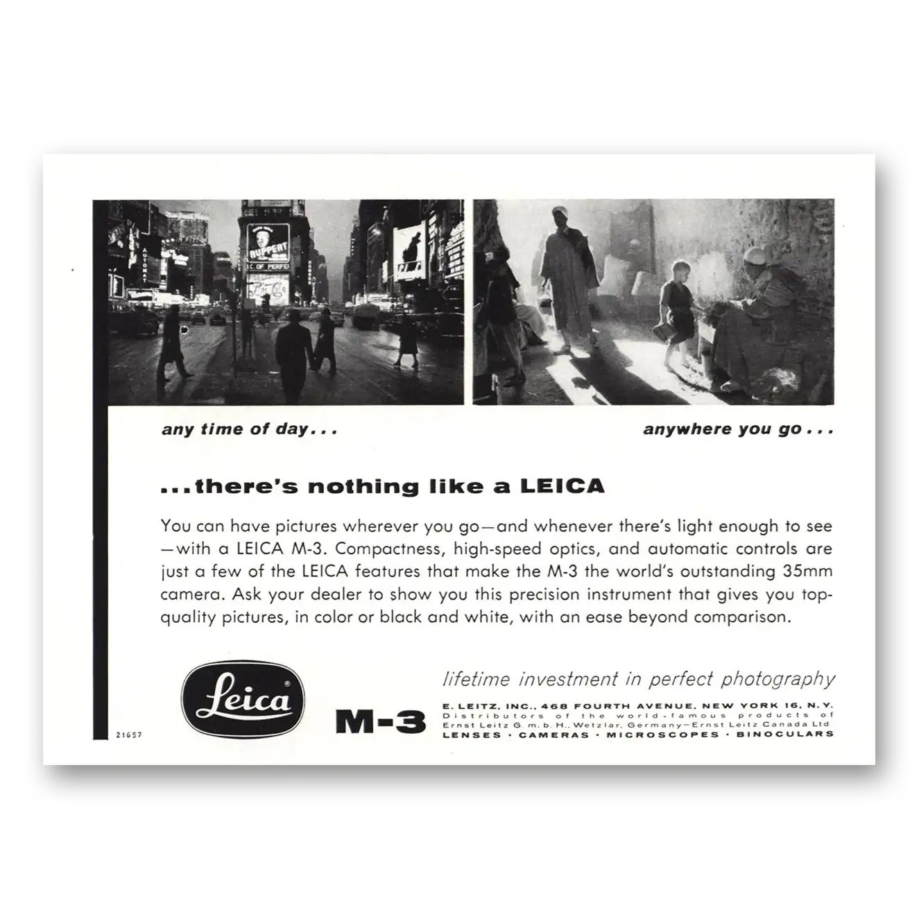 1957 Leica Cameras Any Time of Day Vintage Magazine Print Ad